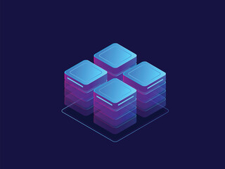 Ultraviolet banner, server room, abstract technology objects, cloud storage, data center isometric vector
