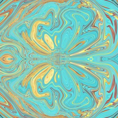 Symmetric golden ornament. Turquoise fractal art. Kaleidoscopic artwork. Creative pattern for printed production, print on fabric, canvas, paper and ceramic. Template for decoration of design products