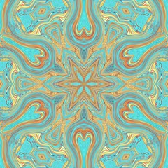 Turquoise and gold elegance ornament. Art decor. Sacred geometry artwork. Golden kaleidoscopic mandala. Liquid paint. Creative pattern for print production. Template for decoration of design products.