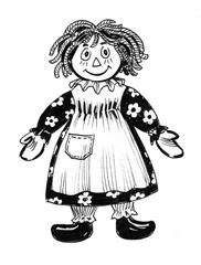 Funny doll. Ink black and white drawing