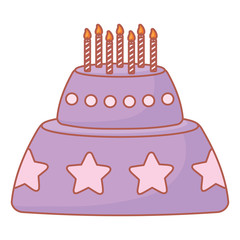 Birthday cake with decorative stars and candles over white background, colorful design. vector illustration