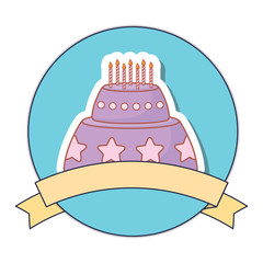 emblem with birthday cake and decorative ribbon over white background, colorful design. vector illustration