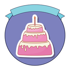 emblem with decorative ribbon and birthday cake with candles over white background, colorful design. vector illustration