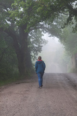 Fototapeta na wymiar woman walking on misty forest road
