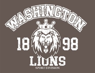 Lion mascot Sport wear typography emblem graphic, athletic apparel
