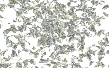 Flying dollars banknotes isolated on a white background. Money is flying in the air. 100 US banknotes new sample.