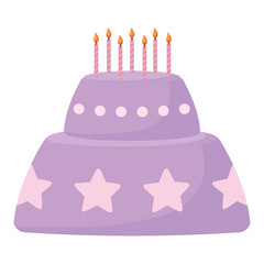 Birthday cake with decorative stars and candles over white background, colorful design. vector illustration