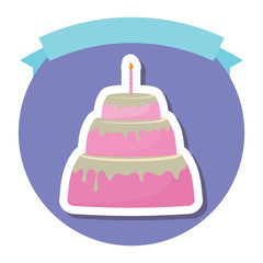 emblem with decorative ribbon and birthday cake with candles over white background, colorful design. vector illustration
