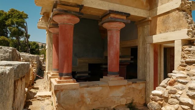 Panning shot of a temple within the complex of the Minoan Palace of Knossos, Heraklion, Crete, Greece