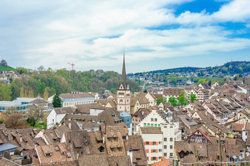 Panoramic view of the old town of Schaffhausen, Switzerland from Munot fortress. Swiss canton of Schaffhausen in northern Switzerland