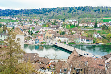 Fototapeta na wymiar Panoramic view of the old town of Schaffhausen, Switzerland from Munot fortress. Swiss canton of Schaffhausen in northern Switzerland