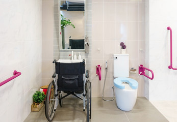 Toilet for the elderly and the disabled.It have two-sided handle for support the body and slip protection. Safety public toilet.