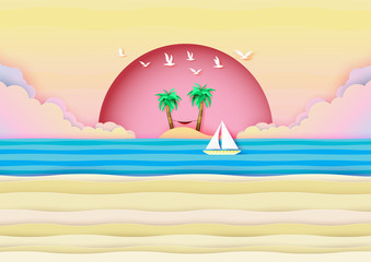 Fototapeta na wymiar Summer beach landscape with sand,sailboat and blue wave ocean background.Paper art vector illustration