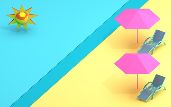 Summer banner with a chaise lounge and an umbrella in pastel colors, Abstract the summer image