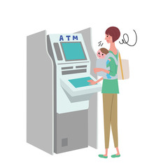 ATM　操作する女性　イラスト
