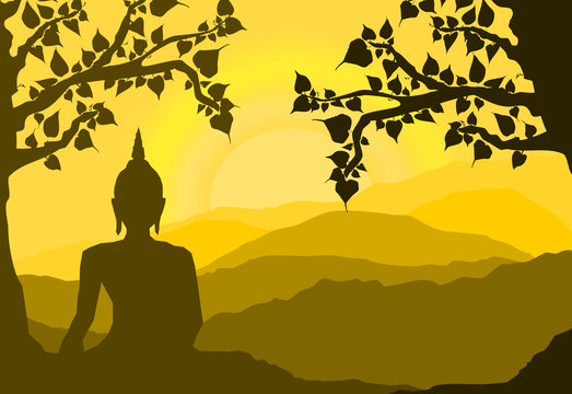  buddha statue under the Bodhi (Sacred Fig) tree and mountain on sunset background,sunset, silhouette style