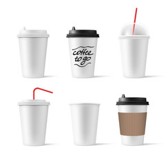 Set of realistic blank mock up paper cups with plastic lid. Coffee to go, take out mug. Vector illustration isolated and can be use for any backgrounds. EPS10.