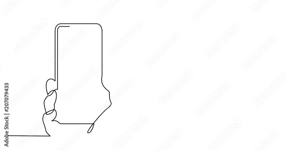 Poster self drawing animation of continuous line drawing of hand with mobile phone