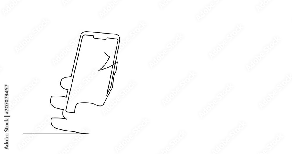 Poster self drawing animation of continuous line drawing of hand with mobile phone