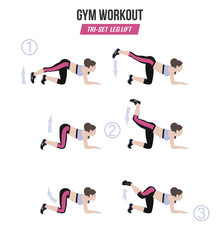 Leg lifts. Tri-set. Sport exercises. Exercises with free weight. Illustration of an active lifestyle. Vector