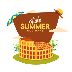 Italy summer holidays poster with colosseum, umbrella and hat on nature background.