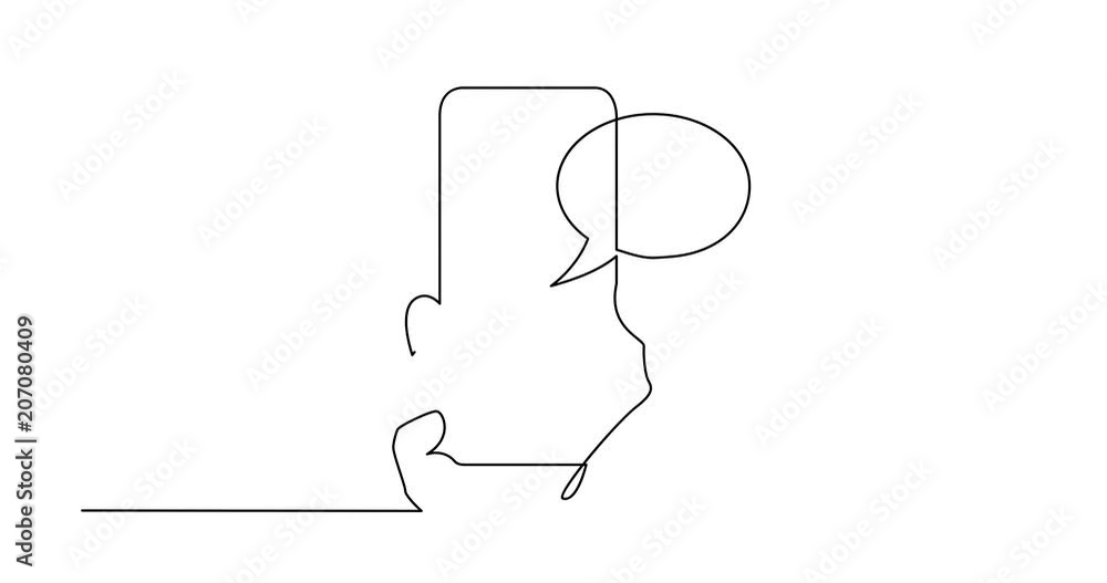 Poster self drawing animation of continuous line drawing of hand with mobile phone
