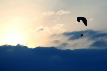 Paraglider flying on a wing in the sky against the setting sun