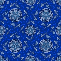 Flat lay or top view Fighting fish or betta fish and flower free hand ink drawing oriental ornament style design for porcelain seamless pattern or blue and white tone in blue background vector