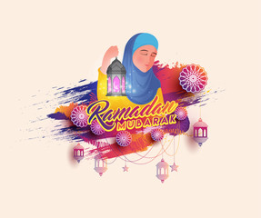 Ramadan Mubarak celebration concept with Islamic lady holding tradtional lantern on colorful background.