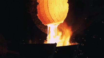 Foundry, Molten Metal Poured From Ladle For Casting. 