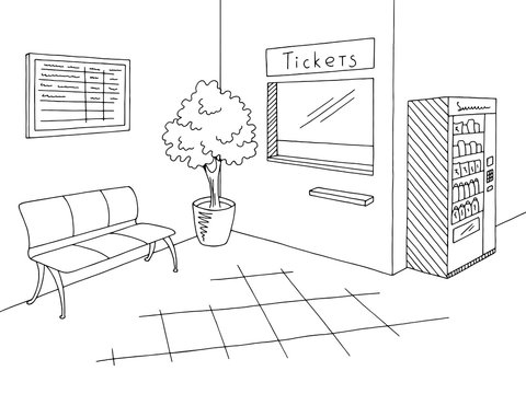 Railway station graphic black white ticket office interior sketch illustration vector