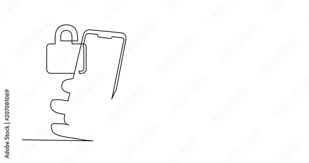 Poster self drawing animation of continuous line drawing of hand with mobile phone