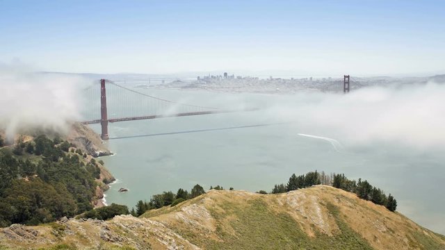 Time lapse of the famous sea fog identified as advection fog rolling in under the Golden Gate Bridge, San Francisco, California, United States of America