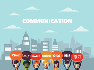 Group of happy, smiling young people with speech bubbles in different languages. Male and female faces avatars in modern design style. Communication, teamwork, assistance and connection vector concept