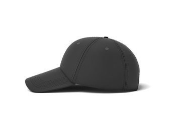 3d rendering of a single black baseball cap with black stitching lying on a white background in a side view.