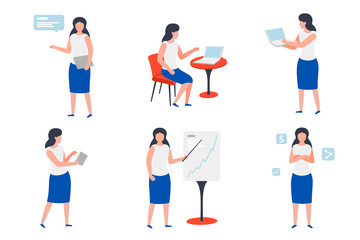 Vector set of business girls in different work situations - chat, presentations, brake, confidence.