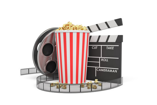 3d rendering of a video reel, popcorn bucket and a clapperboard on a white background.