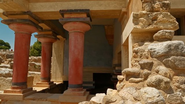 Telephoto panning shot of a temple within the complex of the Minoan Palace of Knossos, Heraklion, Crete, Greece
