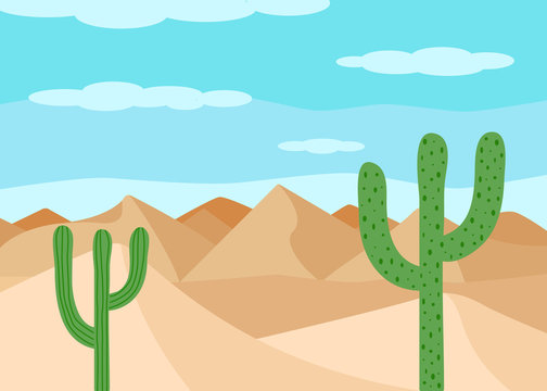 The desert landscape. Sand and cacti. Vector illustration.
