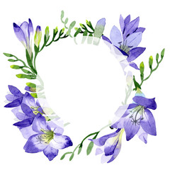 Purple freesia. Floral botanical flower.Frame border ornament square. Aquarelle wildflower for background, texture, wrapper pattern, frame or border.