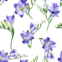 Purple freesia. Seamless background pattern. Fabric wallpaper print texture. Aquarelle wildflower for background, texture, wrapper pattern, frame or border.