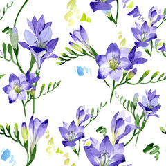 Obraz na płótnie Canvas Purple freesia. Seamless background pattern. Fabric wallpaper print texture. Aquarelle wildflower for background, texture, wrapper pattern, frame or border.