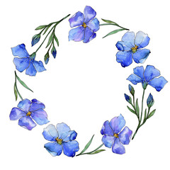 Blue flax. Floral botanical flower. Frame border ornament square. Aquarelle wildflower for background, texture, wrapper pattern, frame or border.