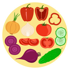 Set of vegetables. Pepper, tomato, cucumber, onion, beetroot. Sliced and halved vegetables. Vector illustration.
