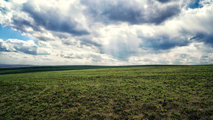 Fototapeta na wymiar Green field and beautiful clearance through the clouds