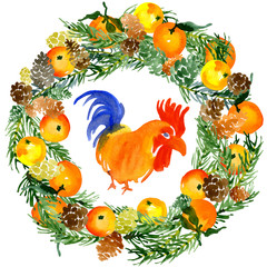 Obraz premium Christmas, festive, family, coniferous, fruit wreath. Colorful, brave, rustic cock. Domestic bird. Delicious, juicy, ripe, citrus fruit tangerines. Watercolor. Illustration