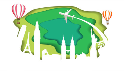 Travel card with worldwide sights and plane.