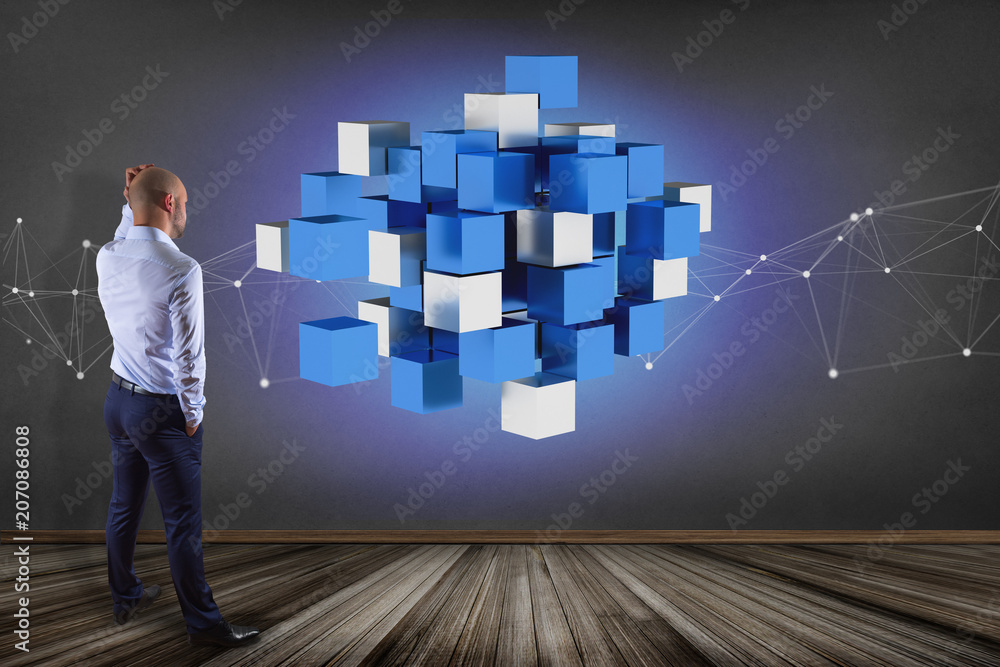 Aufkleber 3d rendering blue and white cube on a futuristic interface