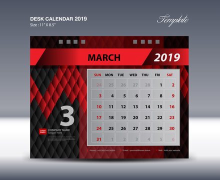 MARCH Desk Calendar 2019 Template, Week starts Sunday, Stationery design, flyer design vector, printing media creative idea design, Black and red background