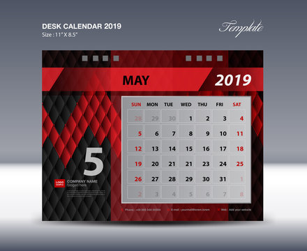 MAY Desk Calendar 2019 Template, Week starts Sunday, Stationery design, flyer design vector, printing media creative idea design, Black and red background